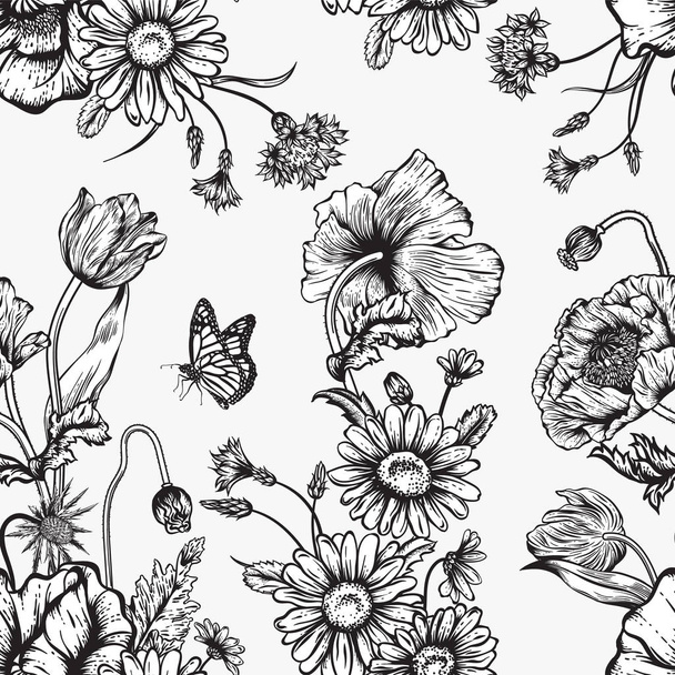 Seamless pattern with flowers. Vector illustration. - Вектор,изображение