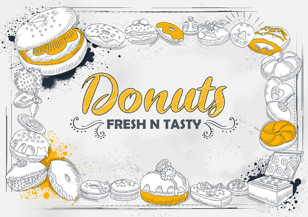 Vorlage für verschiedene Arten von Donut für die Hintergrundgestaltung des Menüs eines Hotels oder Restaurants - Vektor, Bild