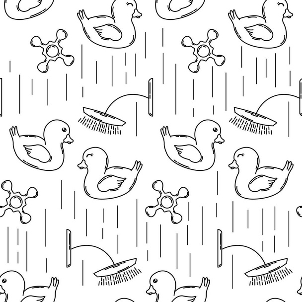 cartoon drawing ducks black lines silhouettes with shower seamless pattern, doodle cute elements, editable vector illustration for kids decoration, fabric, textile, print - ベクター画像