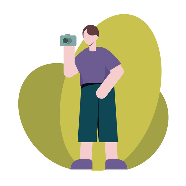 Happy photographer is taking a photo using camera. Flat illustration of young male character standing full length and shooting - Vector, Image