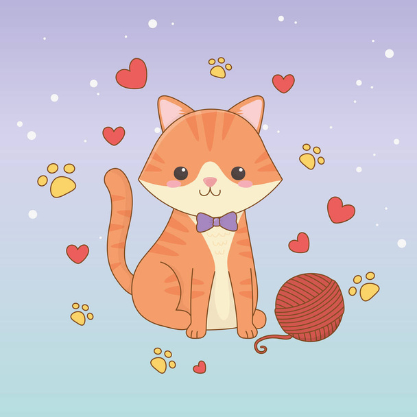 cute little cat mascot with wool roll and hearts pattern - Vector, Image