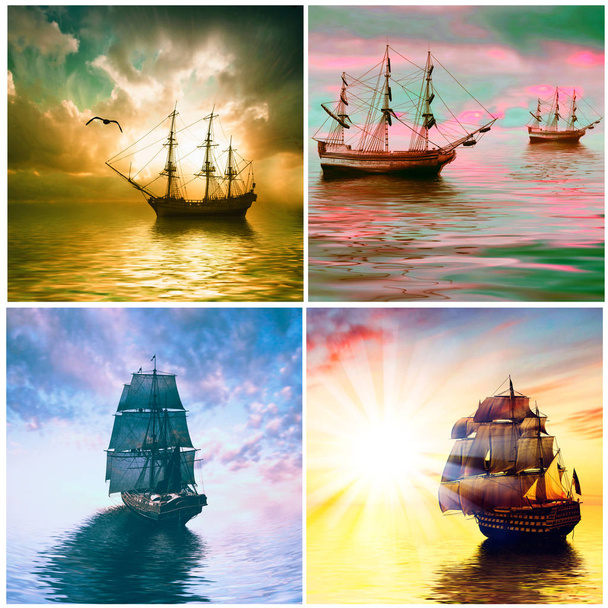3Dイラスト。空の日没時に海を漂う古い船のセット. - 写真・画像