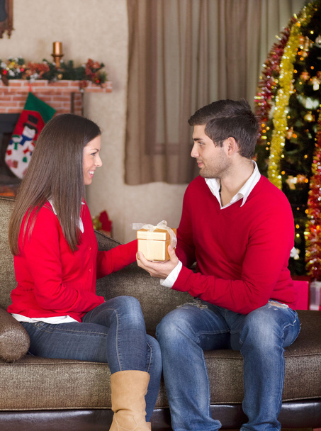 man gives a girl a gift on Christmas Eve - Valokuva, kuva