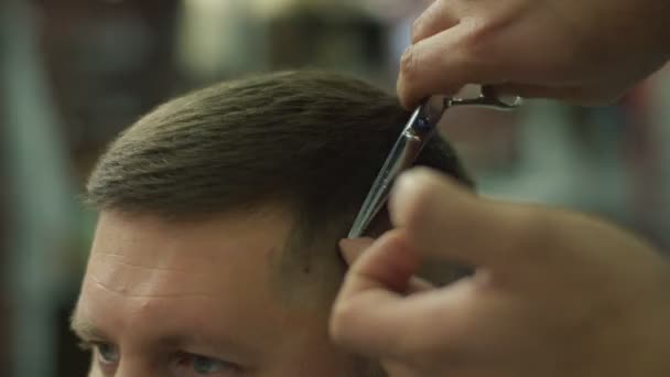 Mans hair cutting by barbers scissors and comb with barbershop logo behind in slow motion. Mans hands making male haircut in salon.  - Imágenes, Vídeo