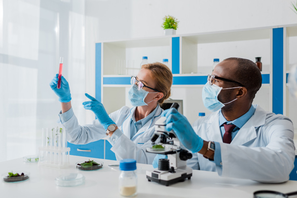 Multikulturelle Biologen zeigen mit dem Finger auf das Reagenzglas im Labor  - Foto, Bild