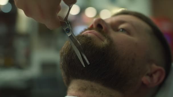 Barber cutting beard by scissors in slow motion. Mans hands making male haircut in salon.  - Filmmaterial, Video