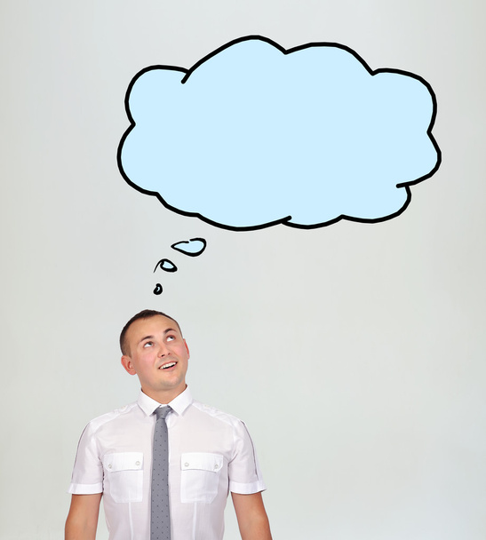 Young Man Thinking With Fake Cloud Over White Background Stock Photo,  Picture and Royalty Free Image. Image 27674637.