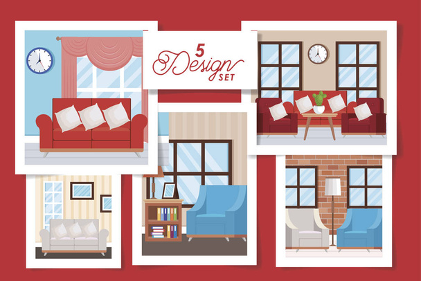 cinq dessins d'intérieurs salon avec décoration
 - Vecteur, image