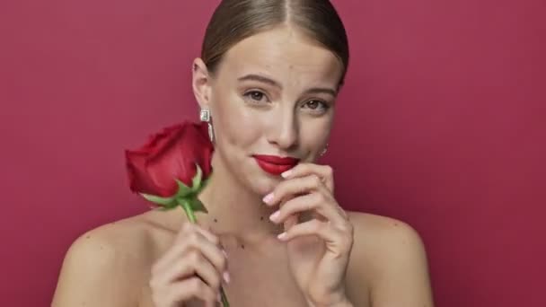 Good looking young woman with red lipstick and earrings is taking a red rose flower isolated over red background - Filmati, video
