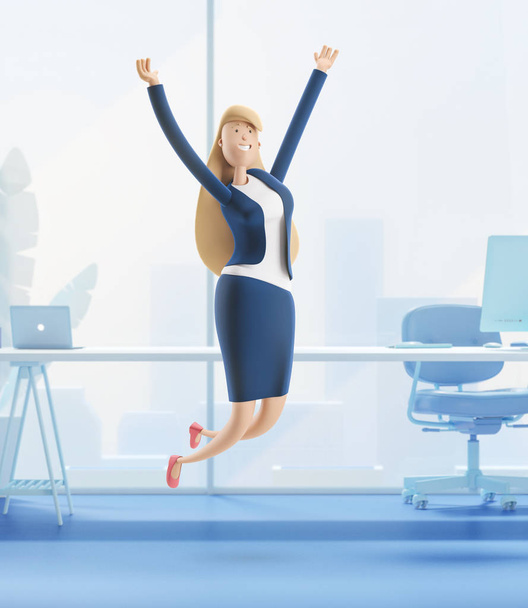 3Dイラスト。若いビジネスの女性エマは勝利を祝うジャンプ - 写真・画像