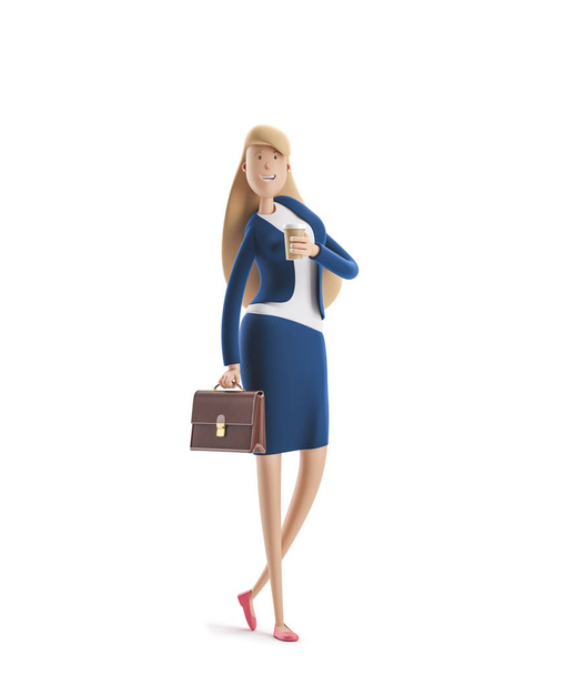 3D ilustrace. Mladá obchodní žena Emma stojící s kufříkem na bílém pozadí. - Fotografie, Obrázek