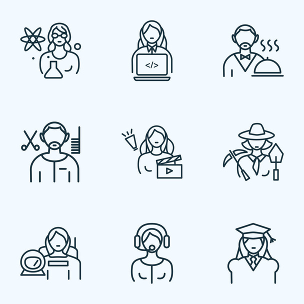 Occupation icons line style set with assistant woman, discovery, laboratory and other scientist woman elements. Isolated illustration occupation icons. - Photo, Image