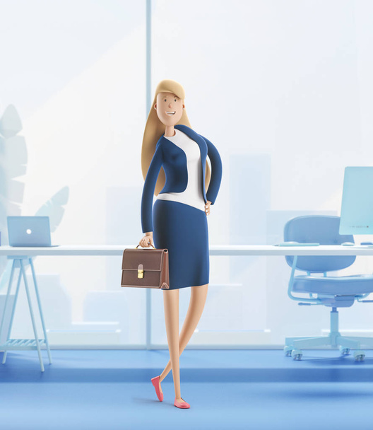 Illustrazione 3d. Giovane donna d'affari Emma in piedi con valigetta su sfondo bianco
. - Foto, immagini