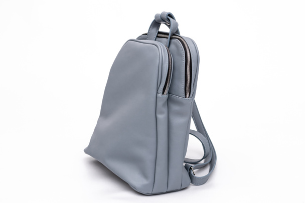 Fashion women leather blue backpack isolated on a white background. - 写真・画像