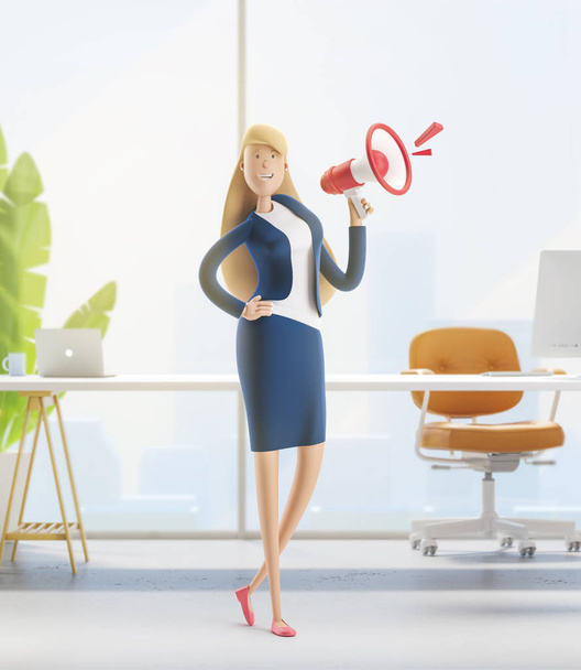 Illustration 3D. Jeune femme d'affaires Emma debout avec un haut-parleur dans l'intérieur du bureau
. - Photo, image