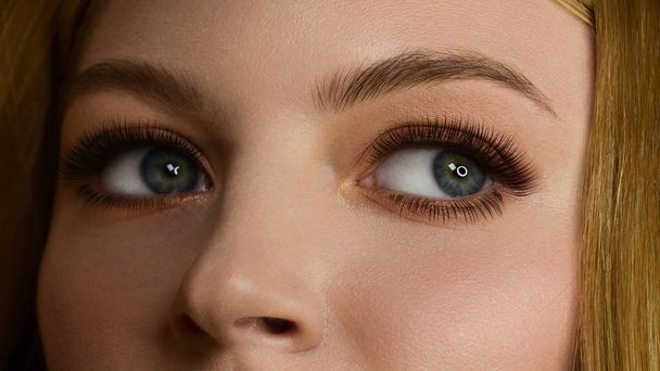 Makro laukaus naisen kaunis silmä erittäin pitkät silmäripset. Seksikäs näkymä, aistillinen katse. Naissilmä, jolla on pitkät silmäripset. Puhdasta ihonhoitoa. Kosmetologia ja kosmetiikka, kylpylä
 - Valokuva, kuva