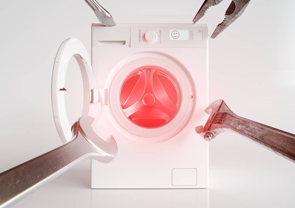 Waschmaschinenreparatur. Unterstützung oder Wartung - 3D-Rendering - Foto, Bild