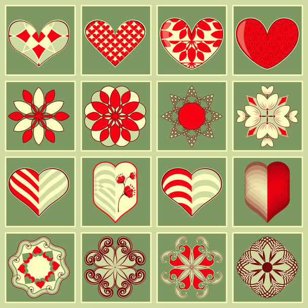 Set of vector valentines day icons. Heart, abstract shapes, decorative flowers, design elements for decoration - Vector, Image