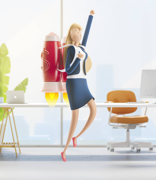 3d illustration. Young business woman Emma flying off with jet pack. Business concept career boost, start up and growth - Photo, Image