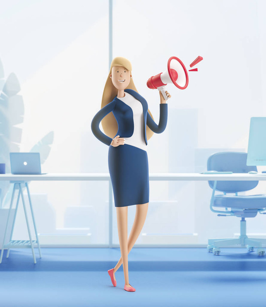 3d illustration. Young business woman Emma standing with a loudspeaker in the office interior. - Photo, Image