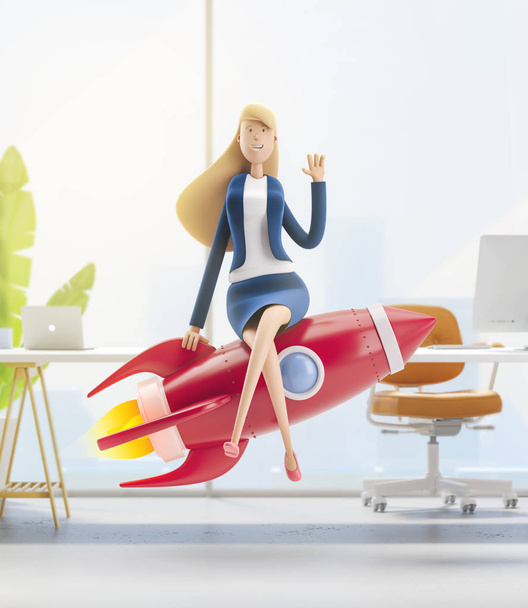 Illustration 3D. Jeune femme d'affaires Emma avec fusée à l'intérieur du bureau. Concept d'entreprise relance de carrière, démarrage et croissance
 - Photo, image