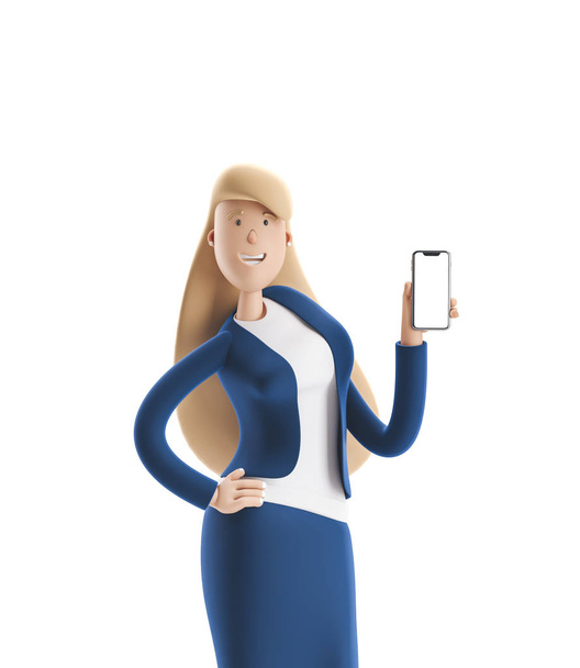 3Dイラスト。若いビジネスウーマンエマは、白い背景に携帯電話で立って. - 写真・画像