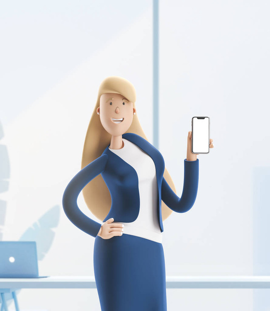 3d illustration. Young business woman Emma standing with phone on in the office interior. - Photo, Image
