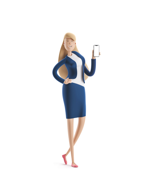 3d illustration. Young business woman Emma standing with phone on a white background. - Photo, Image