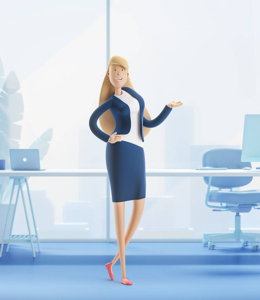 3d иллюстрация. Молодая деловая женщина Эмма стоит в офисном интерьере
. - Фото, изображение