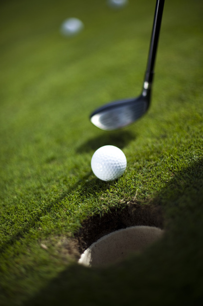 Golf ball on green meadow, driver - Foto, afbeelding