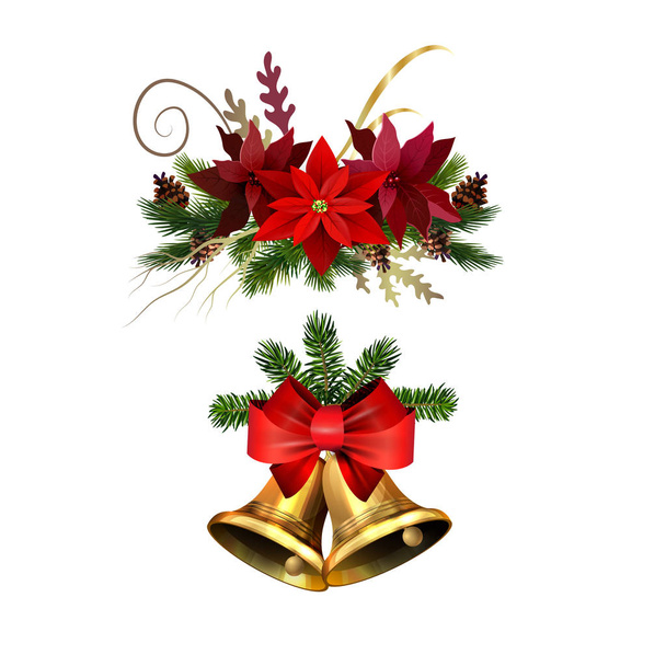 Karácsonyi dekorációk fenyőfával arany csengettyű harangok - Vektor, kép