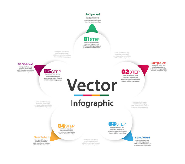 Business infographic  with  round paper white elements with arrows or pointers. Round  chart with  colorful circular elements and steps.  Flat infographic design template for presentation, banner - Vettoriali, immagini