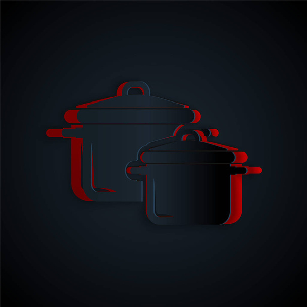Papier geschnittene Kochtopfsymbol isoliert auf schwarzem Hintergrund. Essen kochen oder schmoren. Papierkunst. Vektorillustration - Vektor, Bild