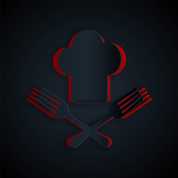 Paper cut Chef hat and crossed fork icon isolated on black background. Cooking symbol. Restaurant menu. Cooks hat. Paper art style. Vector Illustration - Vector, Image