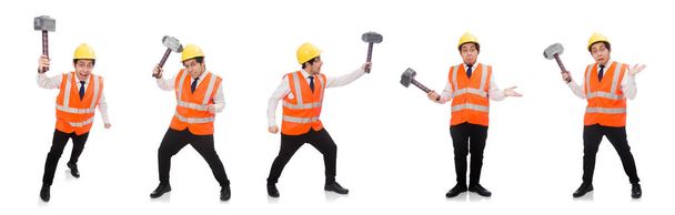 Bauarbeiter mit Hammer auf weiß isoliert - Foto, Bild