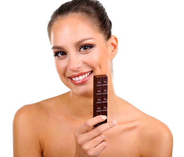 Portrait of beautiful young girl with chocolate isolated on white - Φωτογραφία, εικόνα