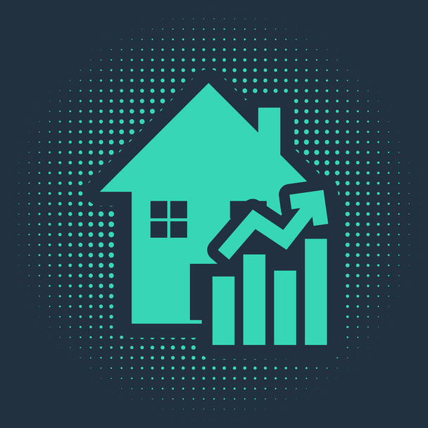 Green Rising cost of housing icon isolated on blue background. Rising price of real estate. Residential graph increases. Abstract circle random dots. Vector Illustration - Vector, Image