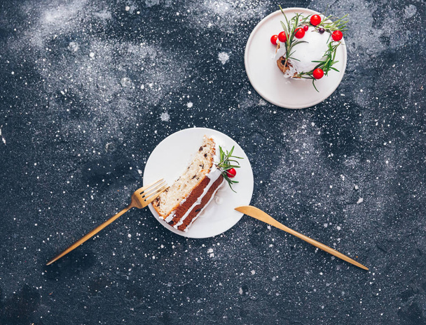 Christmas cake with fork and knife. Top view, flat lay, copy space  - Fotoğraf, Görsel