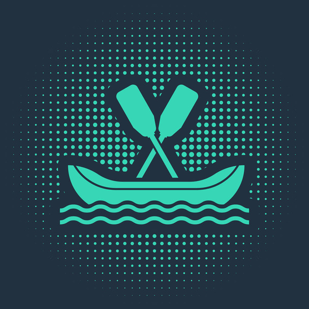 Icône bateau Rafting vert isolé sur fond bleu. Kayak avec pagaies. Sports nautiques, sports extrêmes, vacances, vacances, team building. Cercle abstrait points aléatoires. Illustration vectorielle
 - Vecteur, image