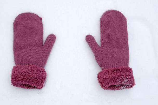 Ζεστά γυναικεία χειμερινά γάντια. Δύο γάντια λιλά χρώμα βρίσκονται σε λευκό χιόνι, πάνω όψη. Γάντια σε τέσσερα με λαστιχάκια στις χειροπέδες. - Φωτογραφία, εικόνα
