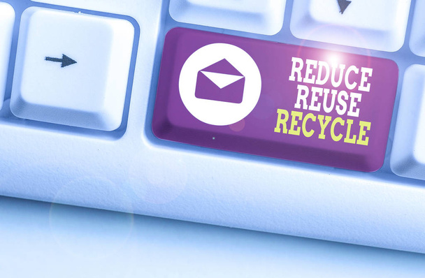 Az újrahasználat újrahasznosításának csökkentése című írásos jegyzet. Üzleti fotó bemutató környezetvédelmi felelőtlen fogyasztói magatartás. - Fotó, kép