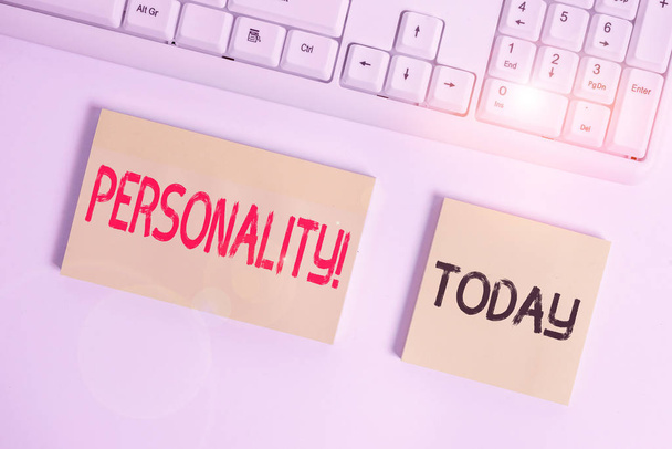 Text sign showing Personality. Conceptual photo combination characteristics that form individuals character Flat lay above blank copy space sticky notes with business concept. - Photo, Image