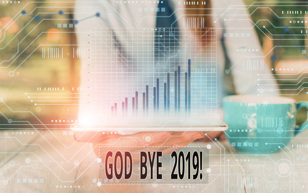 Sinal de texto mostrando Deus Bye 2019. Foto conceitual expressar bons desejos ao se separar ou no final do ano passado
. - Foto, Imagem