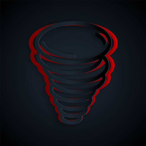 Paper cut Tornado icon isolated on black background. Cyclone, whirlwind, storm funnel, hurricane wind or twister weather icon. Paper art style. Vector Illustration - Vector, Image