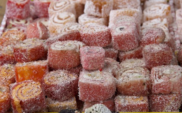 Assorted traditional turkish delight . traditional sweets, rahat lukum in counter in the marke - Photo, Image