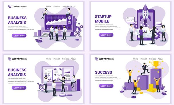 Set of web page design templates for business analysis, start up. Can use for web banner, poster, infographics, landing page, web template. Flat vector illustration - Vector, Image