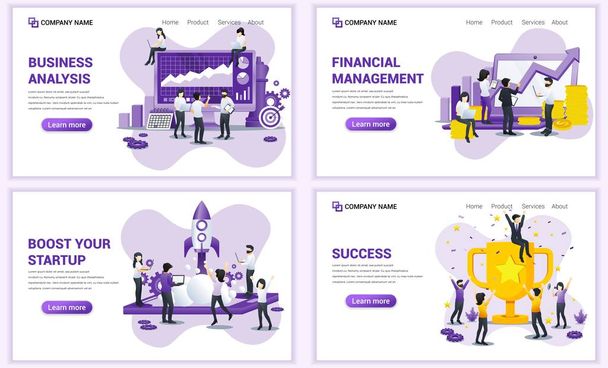 Set of web page design templates for start up, analysis, financial management. Can use for web banner, poster, infographics, landing page, web template. Flat vector illustration - Vector, Image