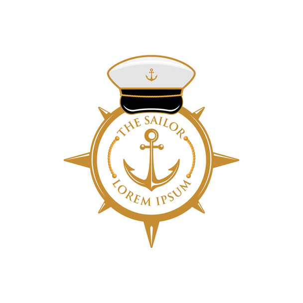 The sailor compass anchor with captain hat badge logo template - Vector, Image