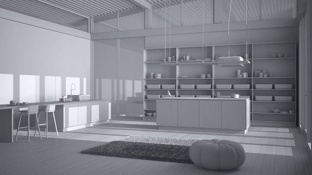 Total white project draft of modern kitchen with double island, stools, carpet and accessories, parquet, corrugated sheet roof, panoramic windows, minimalist interior design - Photo, Image
