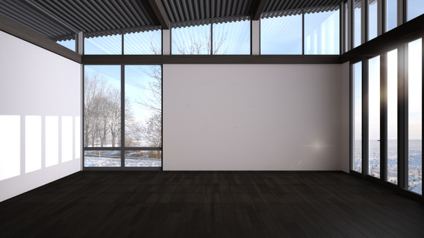 Leere Raumgestaltung, offener Raum mit großen Panoramafenstern auf Winterblick mit Schnee, Parkett Holzboden, Wellblechdach, moderne minimalistische Architekturidee, Kopierraum - Foto, Bild